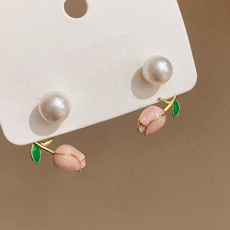 Peris Gems Luxury Pearl Tulip Flower Stud Earrings - Exquisite Zircon Party Earrings SHEIN Amazon Temu