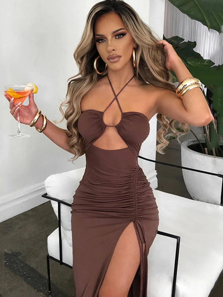 Peris Gems M / Brown Sleeveless Sexy Female Midi Backless Dresses Slim Night Club Party Women&