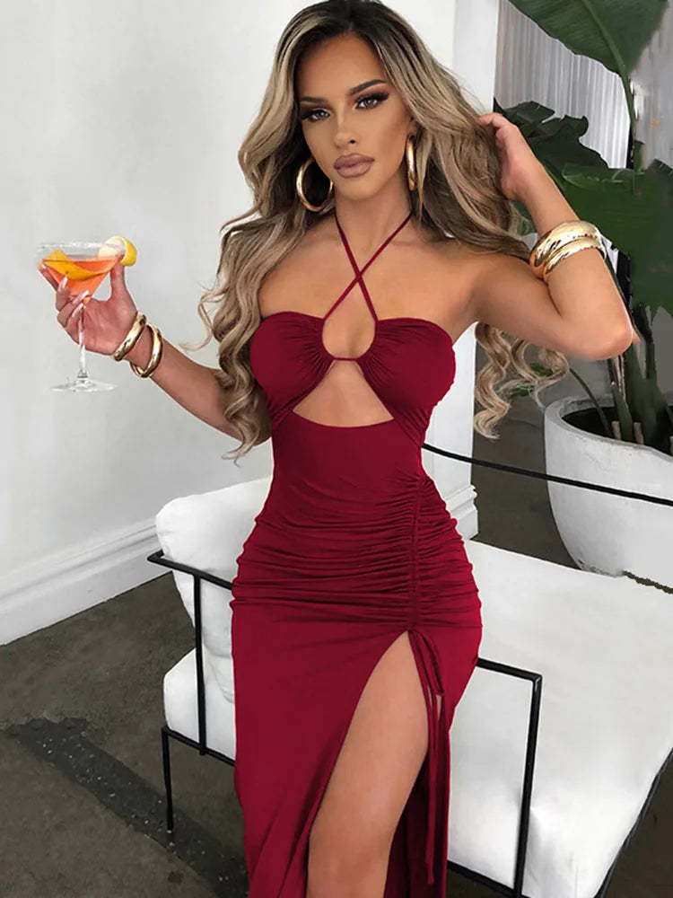 Peris Gems M / Claret Sleeveless Sexy Female Midi Backless Dresses Slim Night Club Party Women&
