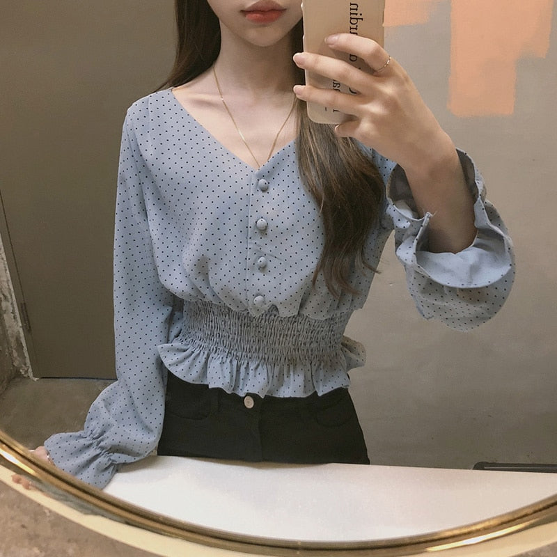Peris Gems Malachite Blue / S Polka Dot Flare Sleeve Blouse Shirt for Women | Slim Waist Shirt Polka Dot Flare Sleeve Blouse Shirt for Women | Slim Shirt SHEIN Amazon Temu