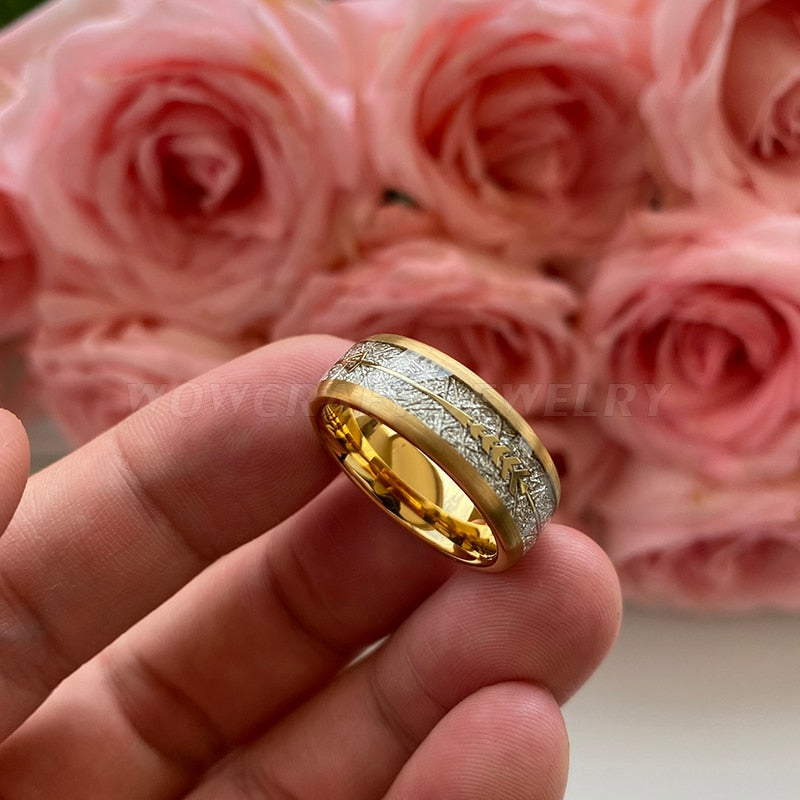 Peris Gems Meteorite Band Layered Gold Ring Unisex | Inlay Arrow Tungsten Ring Meteorite Band Layered Gold Ring Unisex | Inlay Arrow SHEIN Amazon Temu