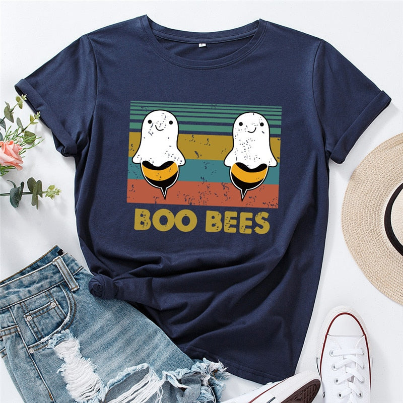 Peris Gems Navy / S Graphic Print BOO BEES T-Shirt for Women | Halloween Bee Short Sleeve Shirt Graphic Print BOO BEES T-Shirt for Women Halloween Bee Shirt SHEIN Amazon Temu
