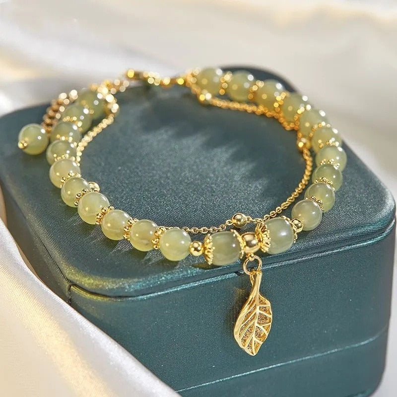 Peris Gems Nephrite Jade Bracelets with Gold Leaves | Double Layered Bracelets SHEIN Amazon Temu