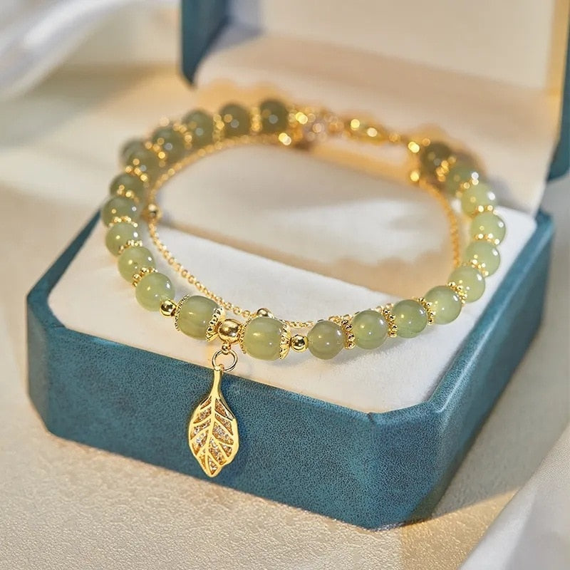 Peris Gems Nephrite Jade Bracelets with Gold Leaves | Double Layered Bracelets SHEIN Amazon Temu