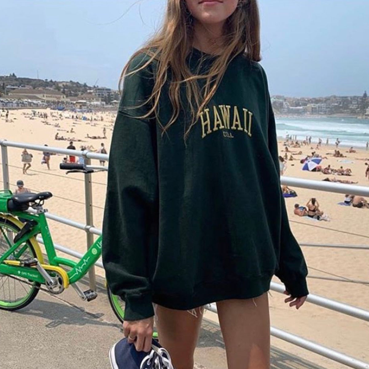Peris Gems Oversized Hawaii Embroidery Sweatshirt for Women | Olive Green Sweaters Oversized Hawaii Embroidery Sweatshirt for Women Olive Green SHEIN Amazon Temu