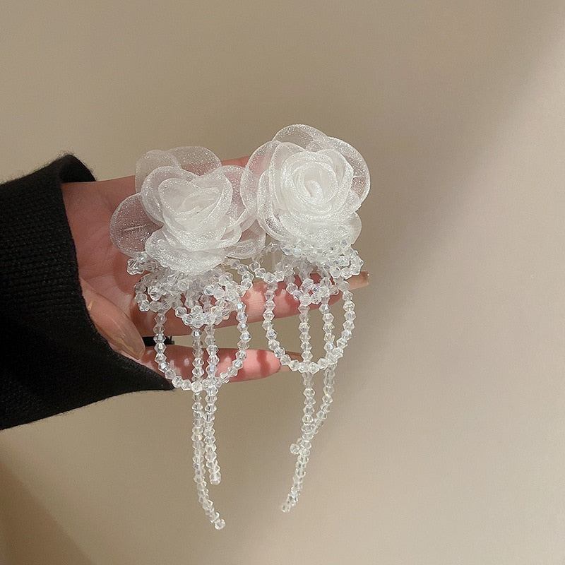 Peris Gems P white 4 Big Cloth Flower and Pearl Dangle Tassel Earrings for Women SHEIN Amazon Temu