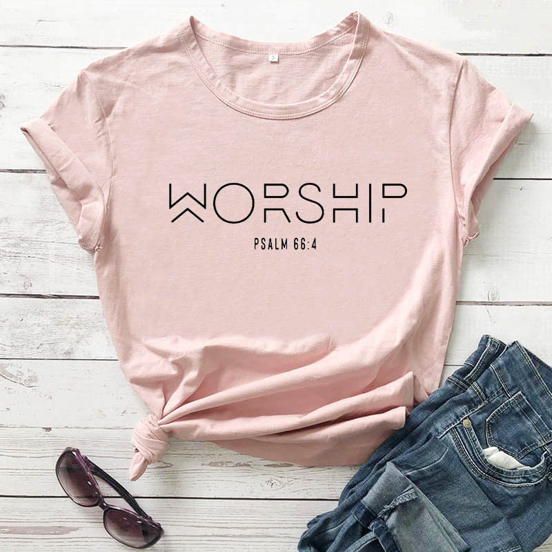Peris Gems peach-black text / S Worship Psalm Verse 66:4 T-Shirt for Women | Cotton Faith Shirts Worship Psalm Verse 66:4 T-Shirt for Women | Faith Shirts SHEIN Amazon Temu