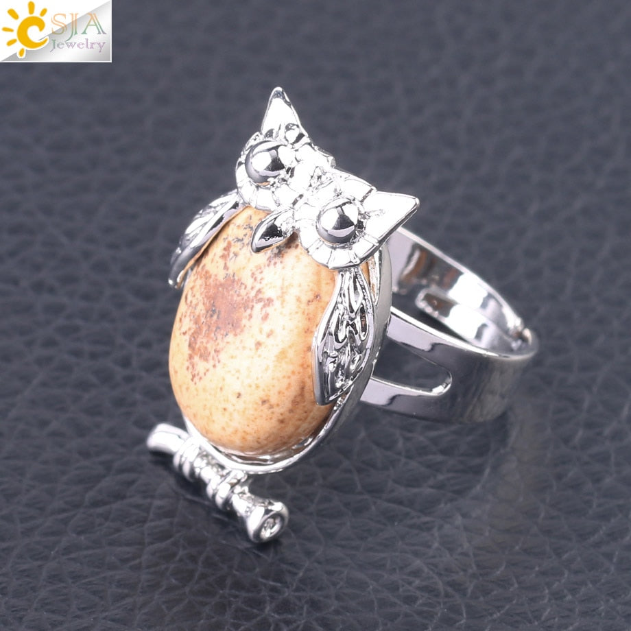 Peris Gems Picture Jasper Cabochon Bead Owl Rings | Silver Diamond Owl Rings Adjustable SHEIN Amazon Temu