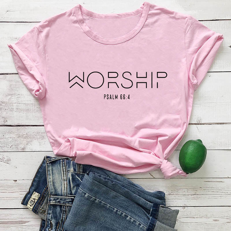 Peris Gems pink-black text / S Worship Psalm Verse 66:4 T-Shirt for Women | Cotton Faith Shirts Worship Psalm Verse 66:4 T-Shirt for Women | Faith Shirts SHEIN Amazon Temu