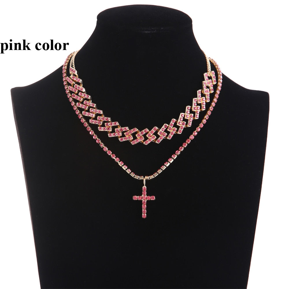 Peris Gems Pink Cuban Link Jesus Cross Chain Necklace Set Unisex | Diamond Necklaces Cuban Link Jesus Cross Chain Necklace Set Unisex | Diamond SHEIN Amazon Temu