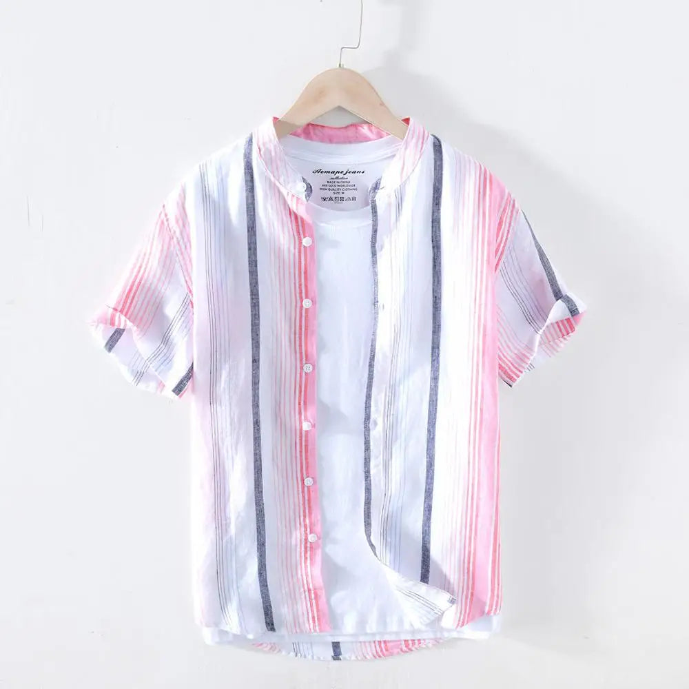 Peris Gems Pink / M 100% Pure Linen Striped Shirts For Men Short Sleeve Casual Stand Collar Hemp Shirts Man Summer Fashion Breathable Tops SHEIN Amazon Temu