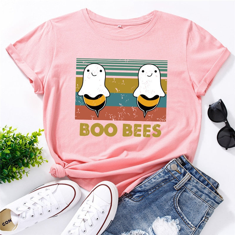 Peris Gems Pink / S Graphic Print BOO BEES T-Shirt for Women | Halloween Bee Short Sleeve Shirt Graphic Print BOO BEES T-Shirt for Women Halloween Bee Shirt SHEIN Amazon Temu