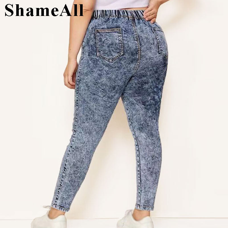 Peris Gems Plus Size Elastic Denim Pants | Women&