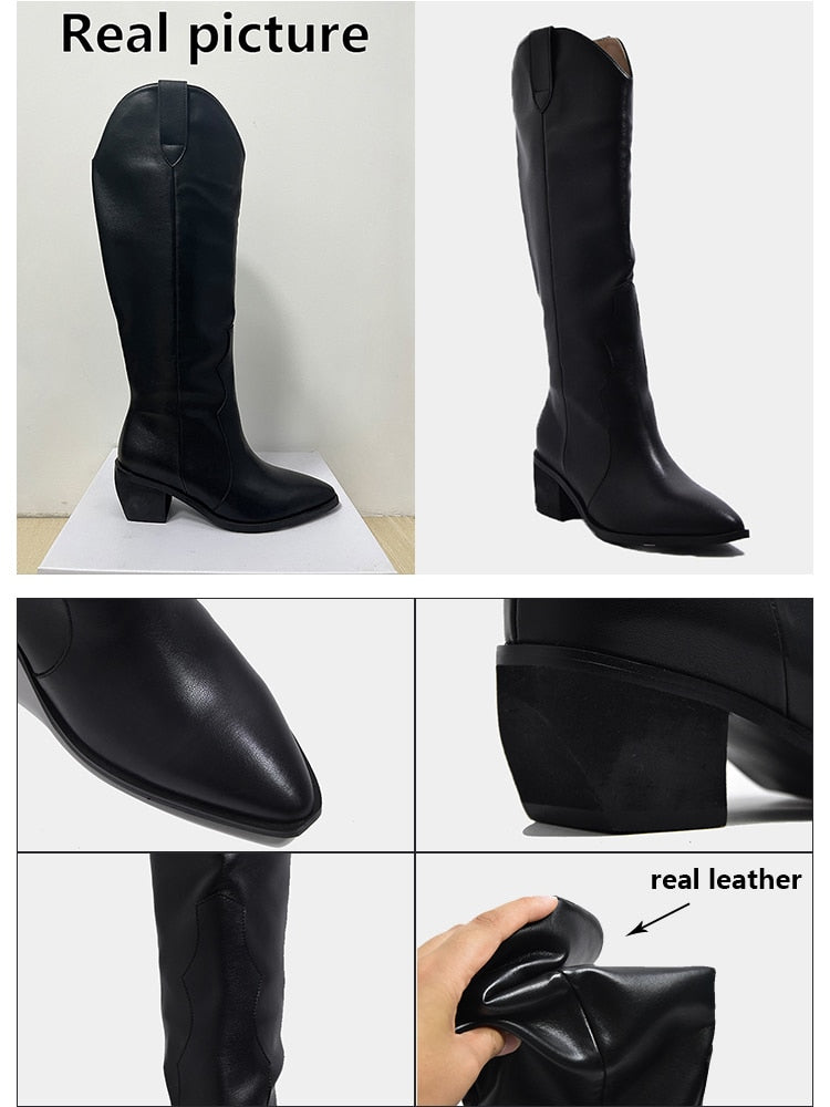 Peris Gems PU Leather Cowboy Boots for Women | Knee High Leather Boots SHEIN Amazon Temu