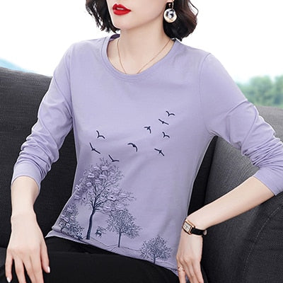Peris Gems Purple / M Bird Embroidery Long Sleeve Shirt for Women | O-Neck Crewneck Shirt Bird Embroidery Long Sleeve Shirt for Women | O-Neck Shirt SHEIN Amazon Temu