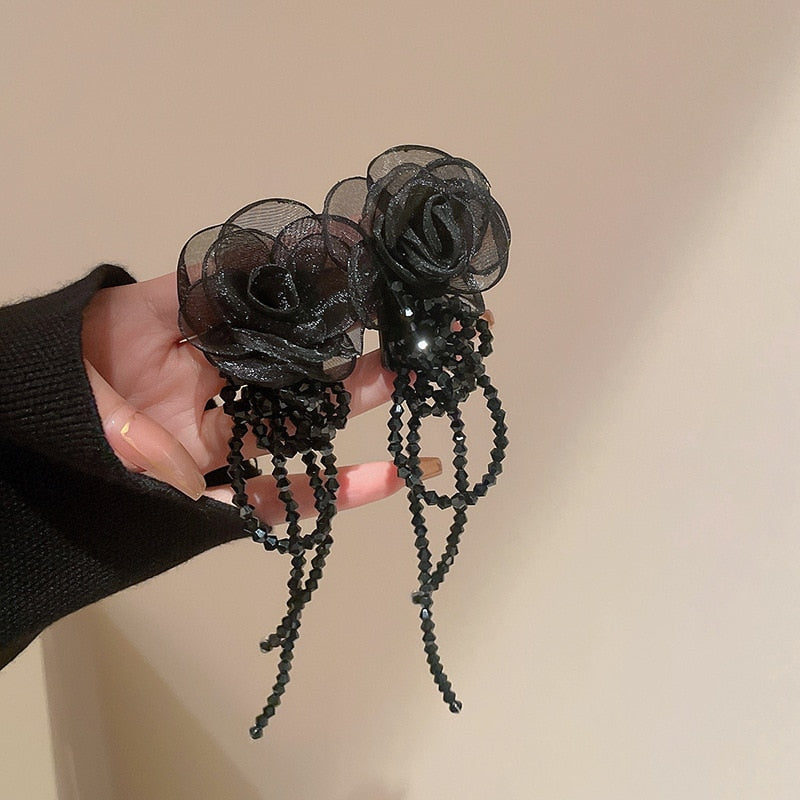 Peris Gems Q black Big Cloth Flower and Pearl Dangle Tassel Earrings for Women SHEIN Amazon Temu