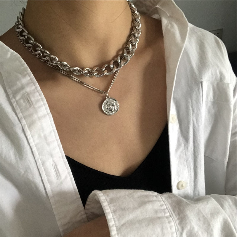Peris Gems RAM1732 Carved Coin Thick Chain OT Buckle Necklace | Women&