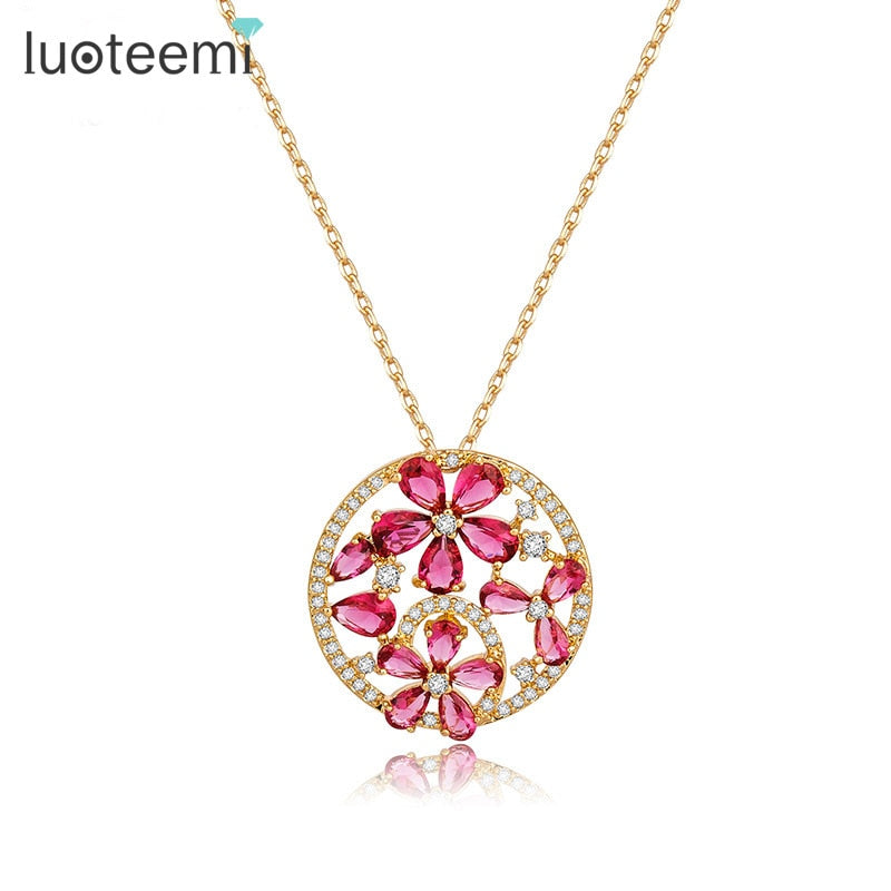 Peris Gems Red Diamond Flower Pendant Necklace for Women | Gold Teardrop Necklace Red Diamond Flower Pendant Necklace for Women Gold Necklace SHEIN Amazon Temu