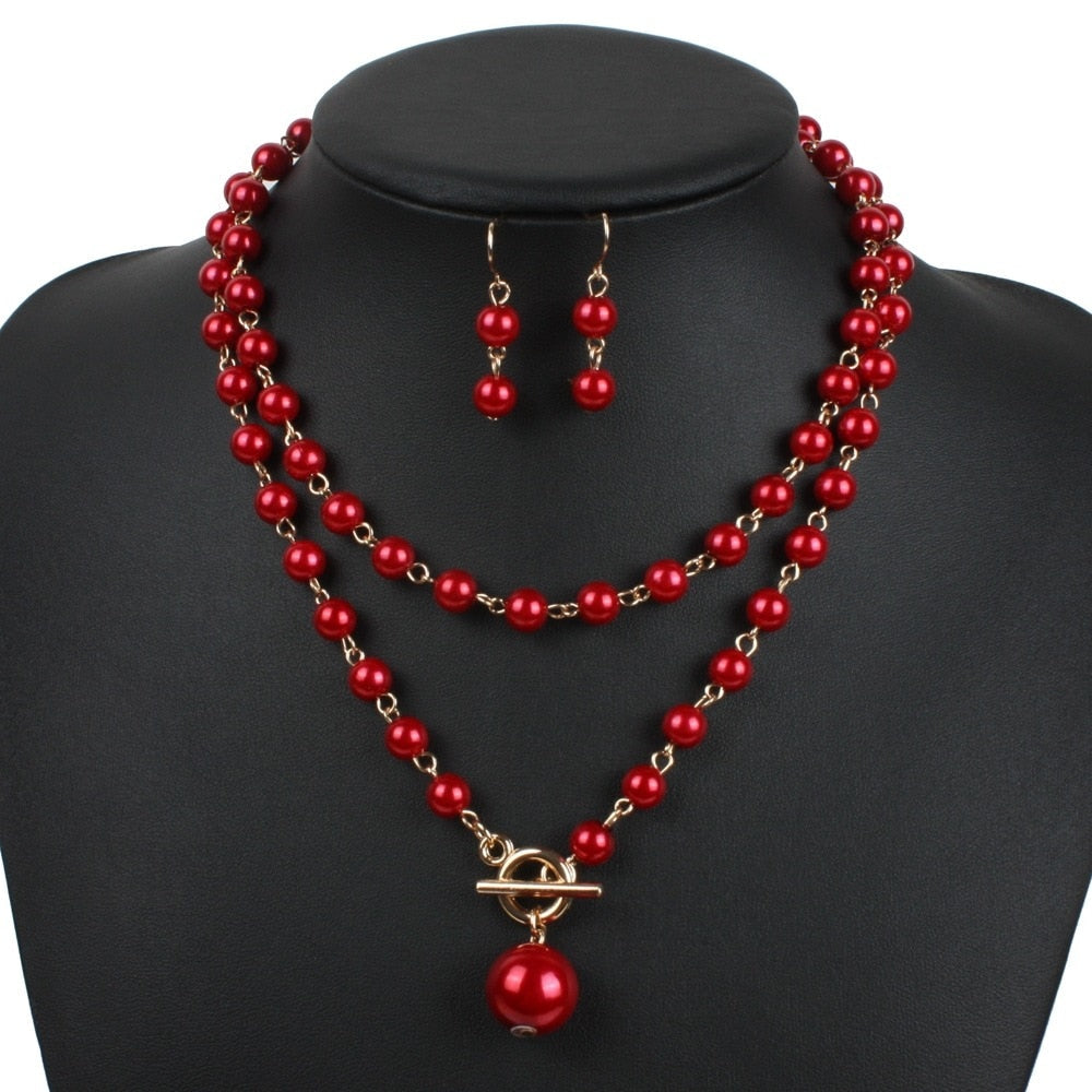 Peris Gems Red Multilayered Pearl Necklace and Earrings Set for Women SHEIN Amazon Temu