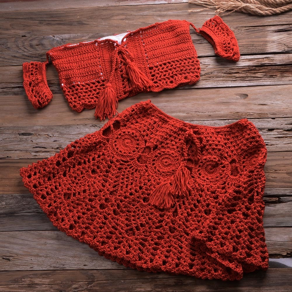 Peris Gems Red / S Knitted Hollow Crop Top and Mini Skirt Sheer Set for Women | Women&