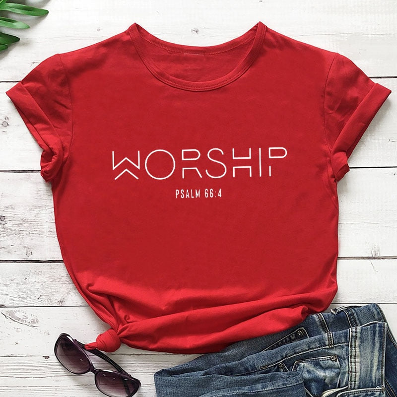Peris Gems red-white text / S Worship Psalm Verse 66:4 T-Shirt for Women | Cotton Faith Shirts Worship Psalm Verse 66:4 T-Shirt for Women | Faith Shirts SHEIN Amazon Temu