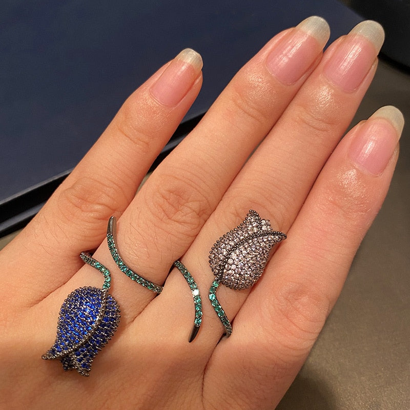 Peris Gems Resizable / Purple Blue Diamond Flower Ring for Women | Adjustable Diamond Emerald Rose Flower Ring SHEIN Amazon Temu