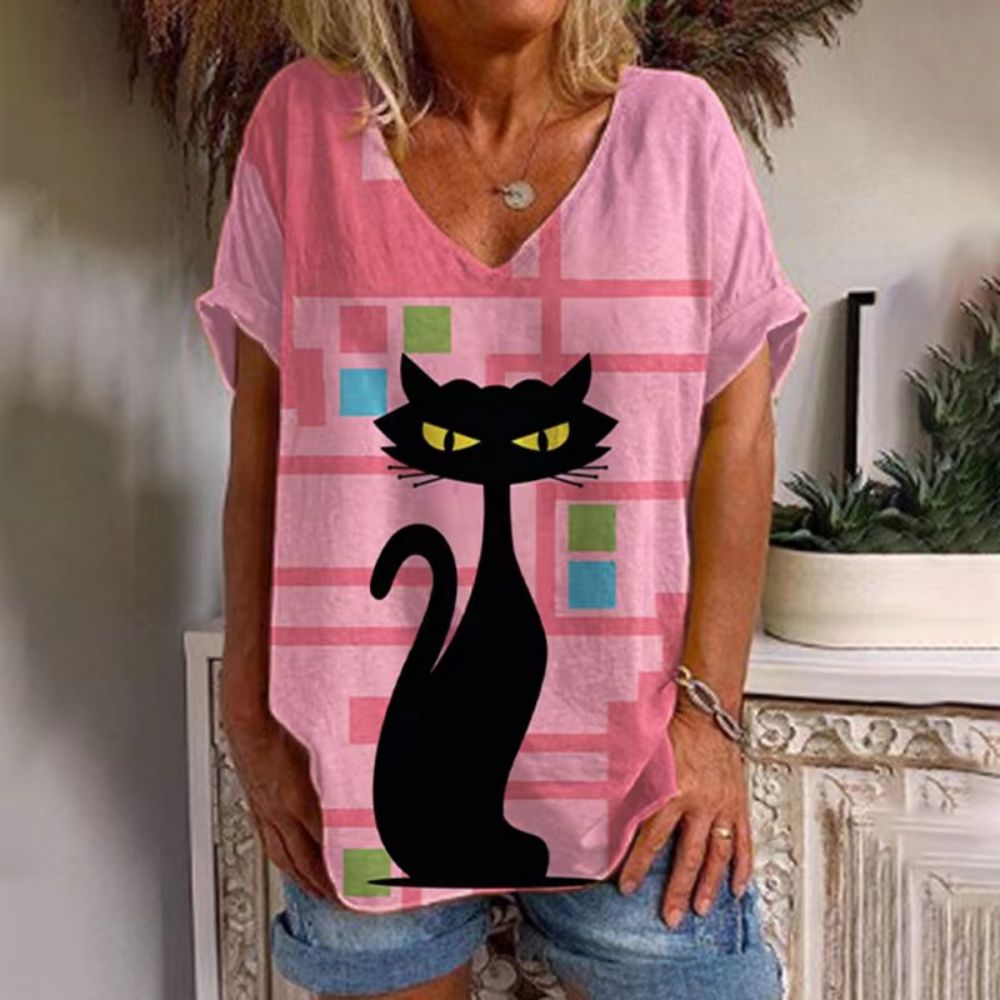 Peris Gems Retro Cat T-Shirt for Women| V-Neck Oversized Shirts SHEIN Amazon Temu