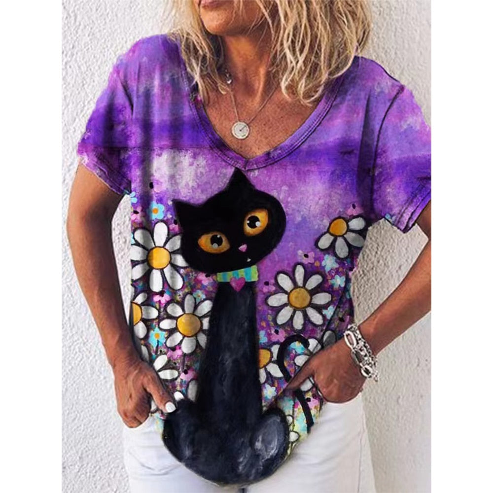 Peris Gems Retro Cat T-Shirt for Women| V-Neck Oversized Shirts SHEIN Amazon Temu