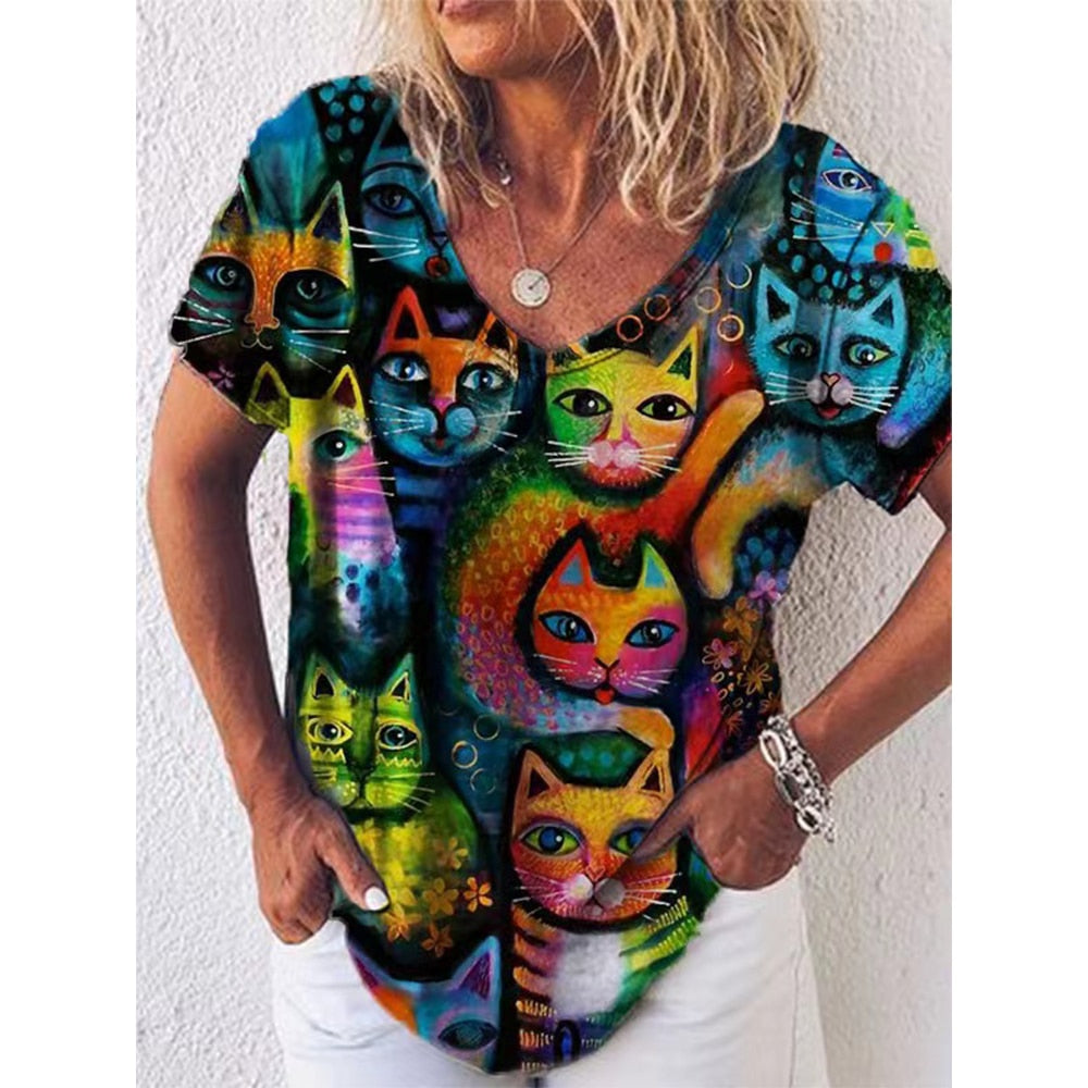 Peris Gems Retro Cat T-Shirt for Women| V-Neck Oversized Shirts SHEIN Amazon Temu
