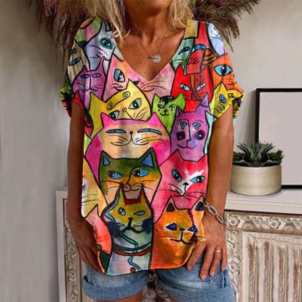 Peris Gems Retro Cat T-Shirt for Women| V-Neck Oversized Shirts SHEIN Amazon Temu