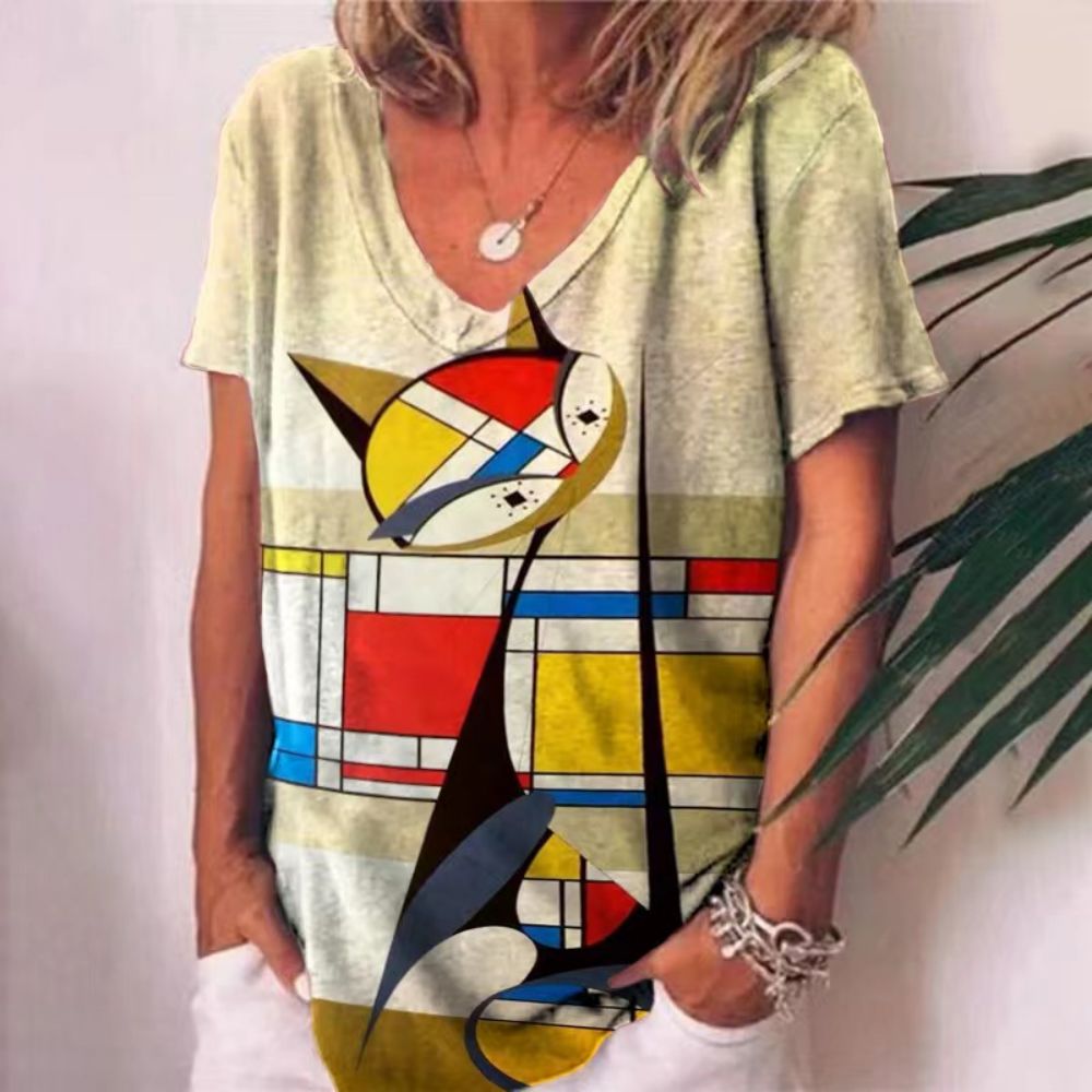 Peris Gems Retro Cat T-Shirt for Women| V-Neck Oversized Shirts SHEIN Amazon Temu