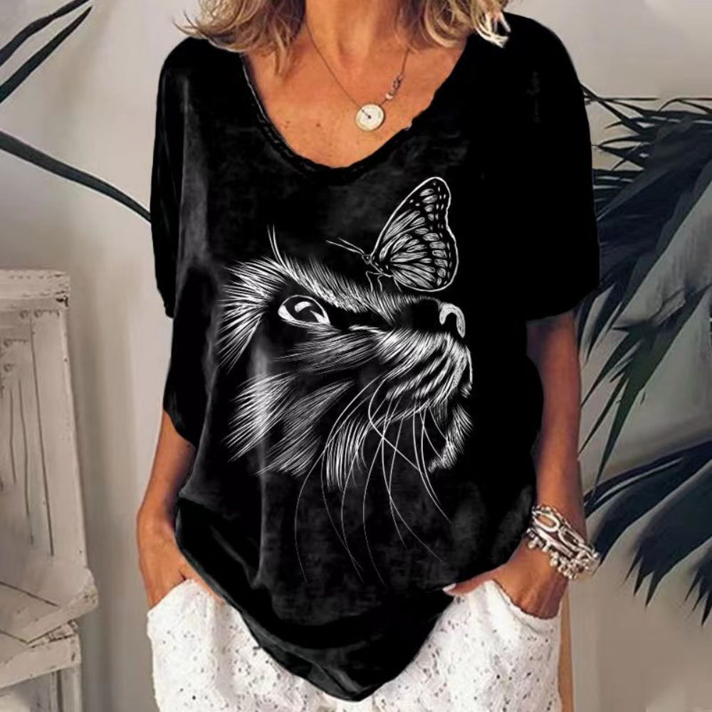 Peris Gems Retro Cat T-Shirt for Women| V-Neck Oversized Shirts SHEIN Amazon Temu