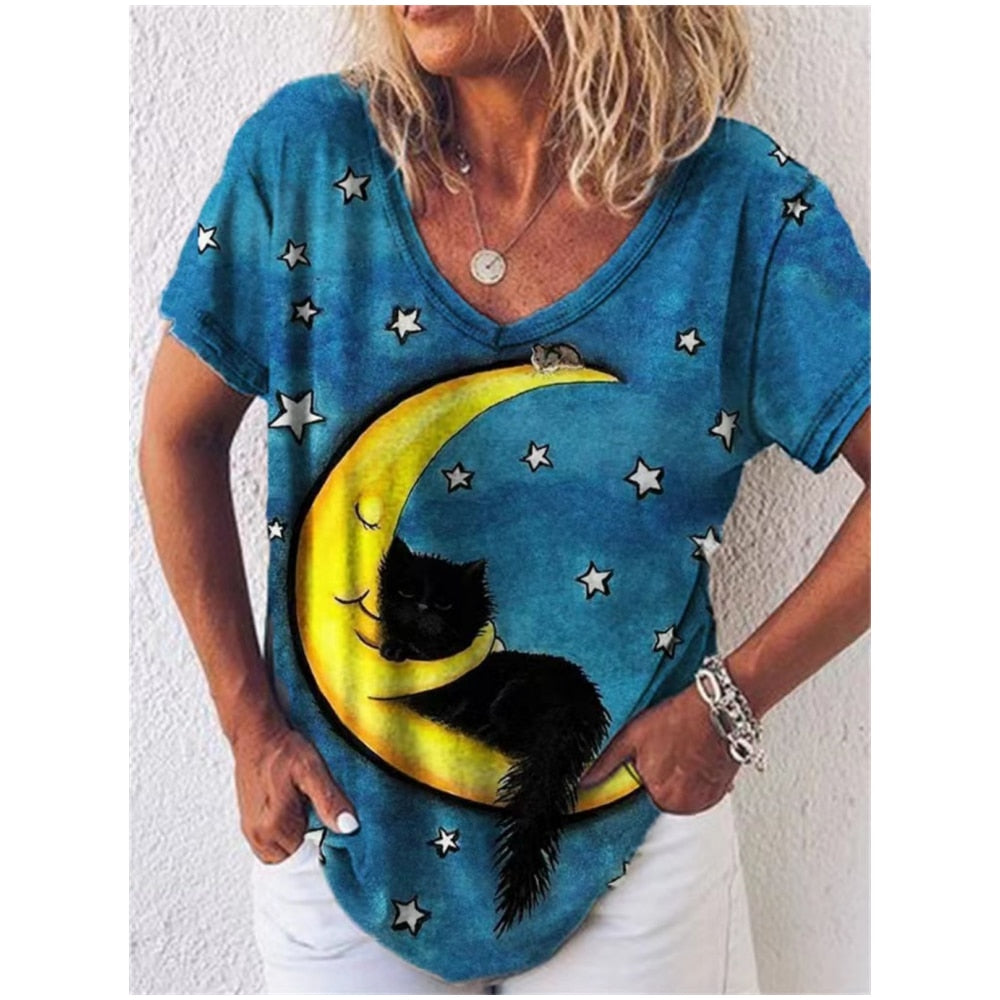 Peris Gems Retro Cat T-Shirt for Women| V-Neck Oversized Shirts SHEIN Amazon Temu