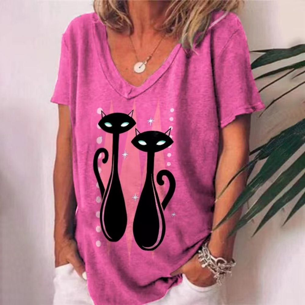 Peris Gems Retro Cat T-Shirt for Women| V-Neck Oversized Shirts SHEIN Amazon Temu