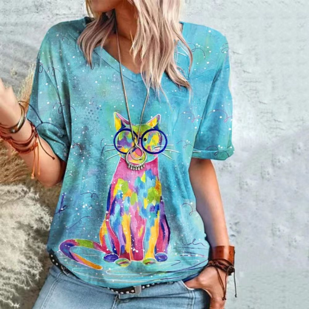 Peris Gems Retro Cat T-Shirt for Women| V-Neck Oversized Shirts SHEIN Amazon Temu