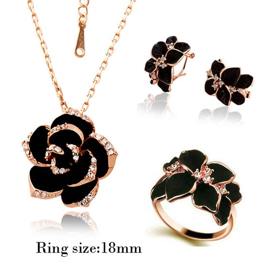 Peris Gems Rgoldblack 3 18mm Black Rose Flower Necklace and Earrings Set | Diamond Flower Necklace Set Women&