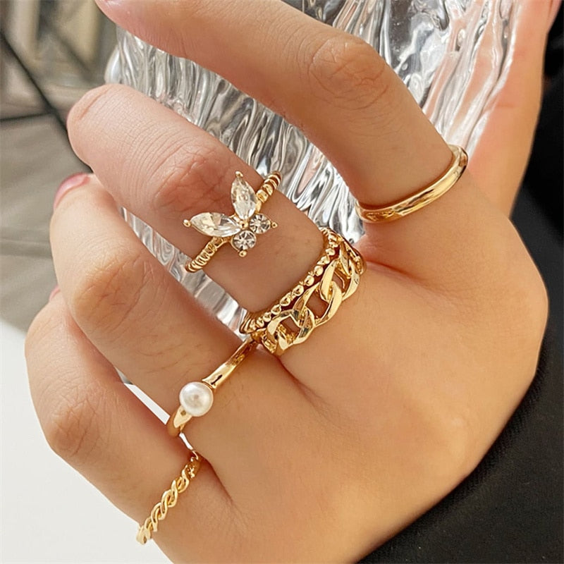 Peris Gems RI22Y0349-1 Pearl Wave Flower Rings Set for Women | Gold Butterfly Rings SHEIN Amazon Temu