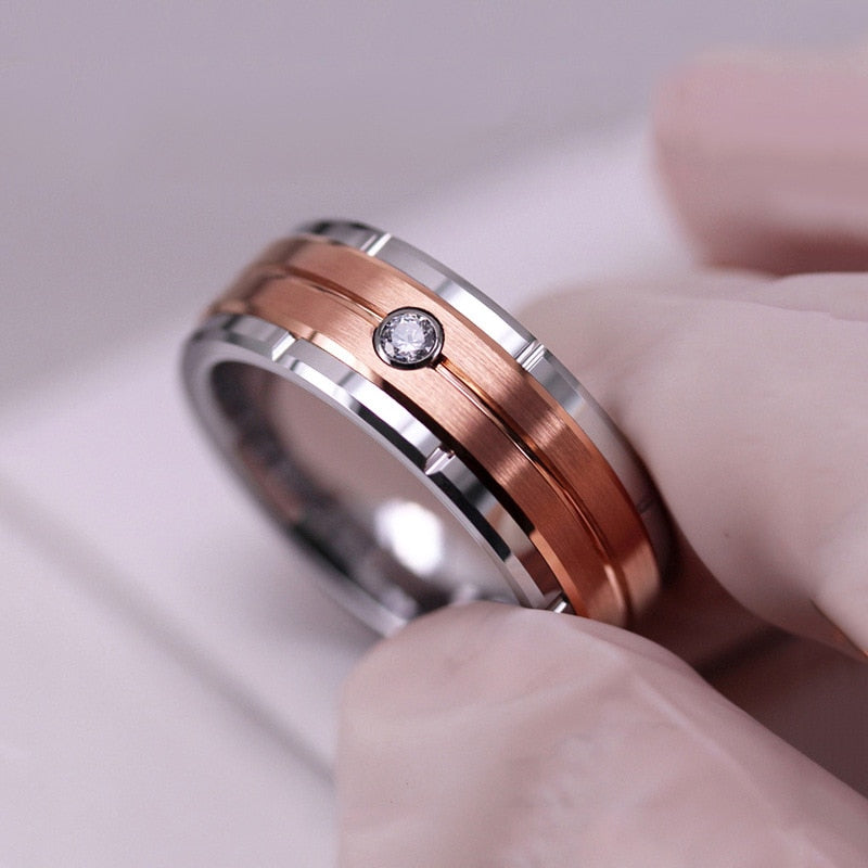 Peris Gems Rose Gold / 7 Double Groove Beveled Stainless Steel Ring Unisex | Black Brushed Inlay Zircon Double Groove Beveled Stainless Steel Ring Unisex | Brushed SHEIN Amazon Temu