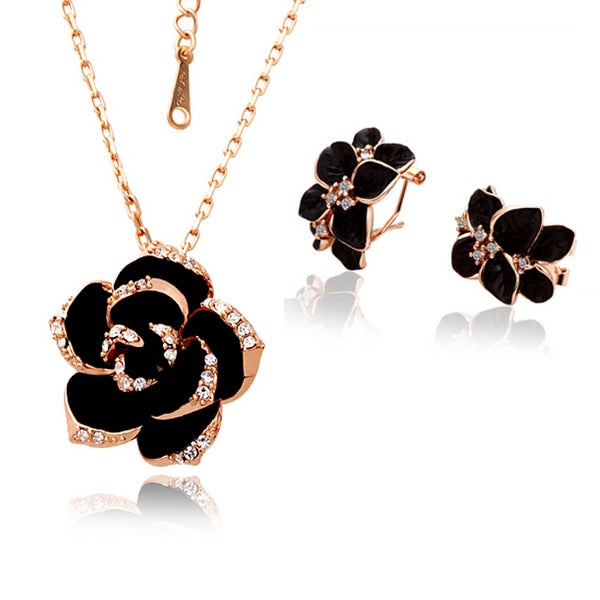 Peris Gems rose gold black 2 Black Rose Flower Necklace and Earrings Set | Diamond Flower Necklace Set SHEIN Amazon Temu