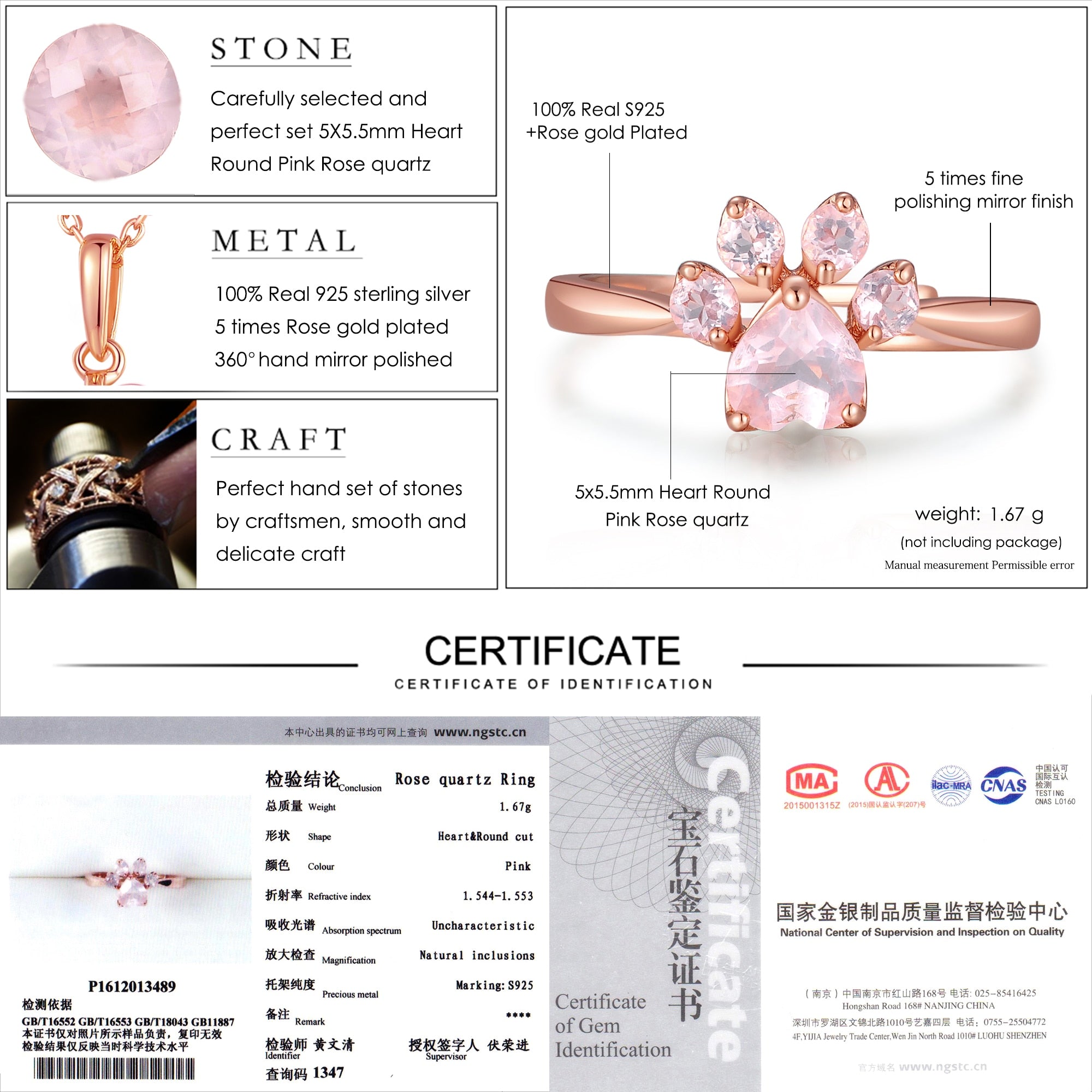 Peris Gems Rose Gold / Resizable Rose Gold 925 Silver Quartz Paw Ring for Women SHEIN Amazon Temu