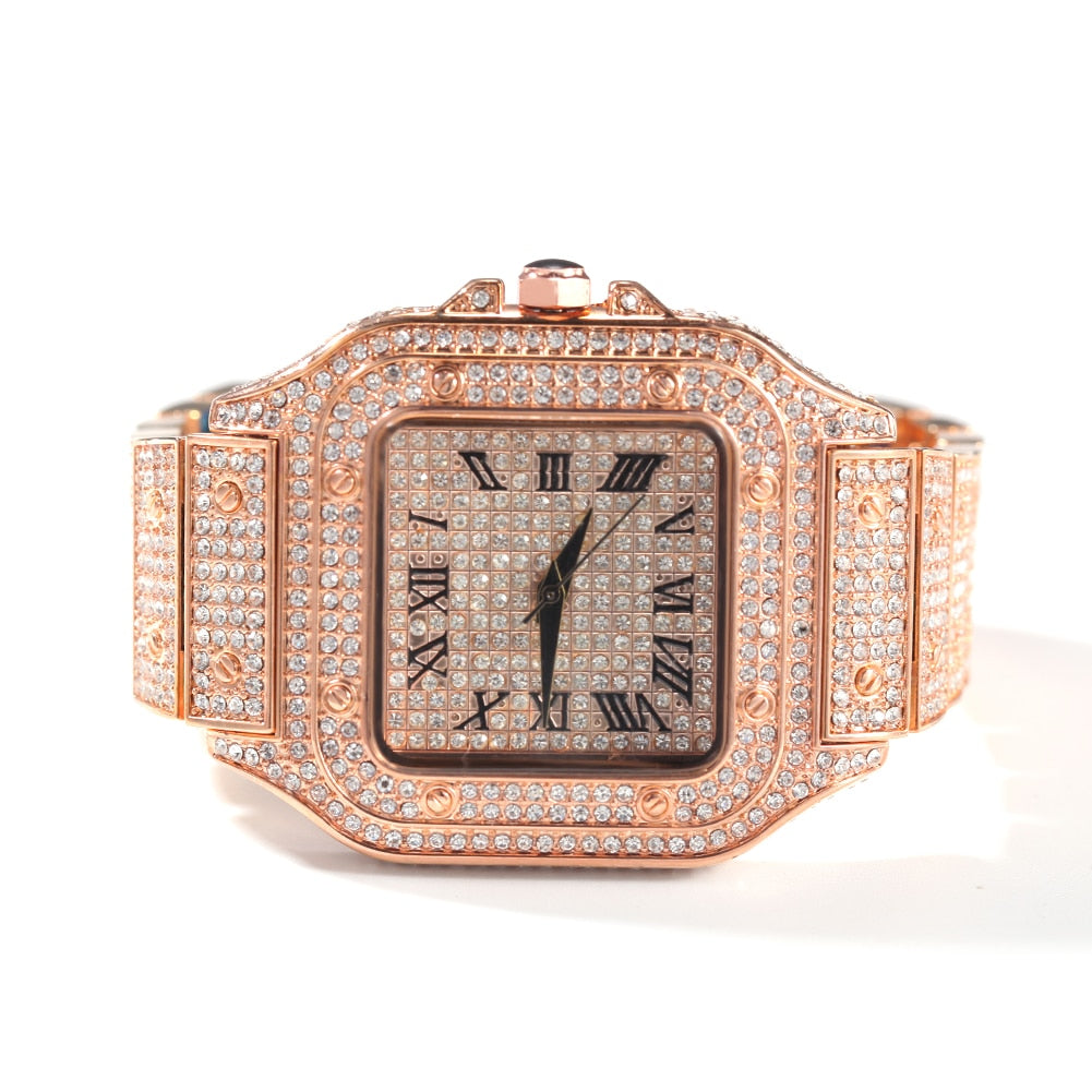 Peris Gems Rose Gold Square Diamond Drill Watch Unisex | Hip Hop Fully Iced Out Stainless Steel Square Diamond Drill Watch Unisex | Hip Hop Fully Iced SHEIN Amazon Temu