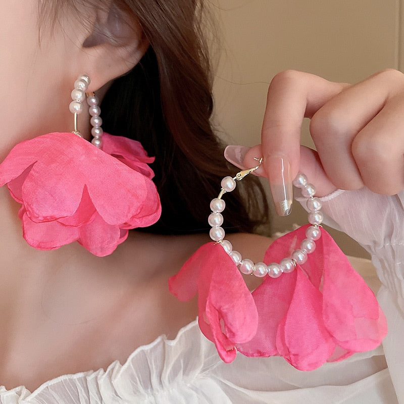 Peris Gems rose red Big Cloth Flower and Pearl Dangle Tassel Earrings for Women SHEIN Amazon Temu