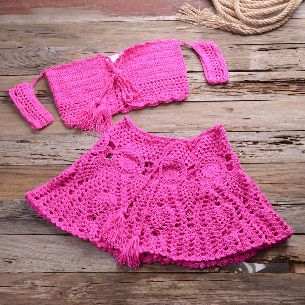 Peris Gems rose / S Knitted Hollow Crop Top and Mini Skirt Sheer Set for Women | Women&