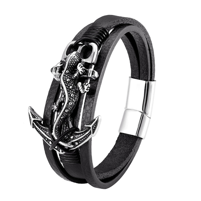 Peris Gems Silver / 19cm Leather Steel Anchor Bracelets for Men | Black Gecko Stainless Bracelets Leather Steel Anchor Bracelets for Men Black Gecko Stainless SHEIN Amazon Temu