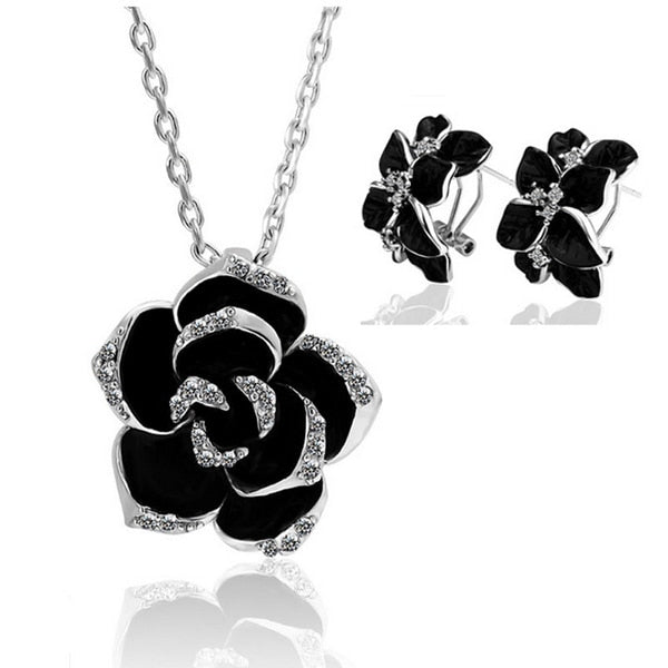 Peris Gems silver black 2 Black Rose Flower Necklace and Earrings Set | Diamond Flower Necklace Set Women&