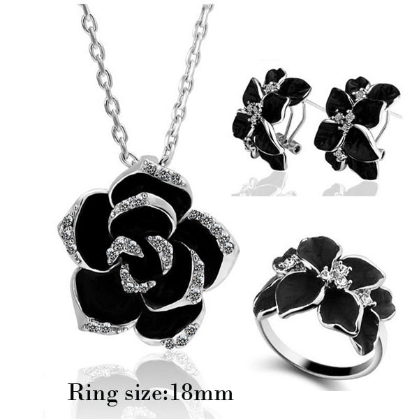 Peris Gems silver black 3 18mm Black Rose Flower Necklace and Earrings Set | Diamond Flower Necklace Set SHEIN Amazon Temu