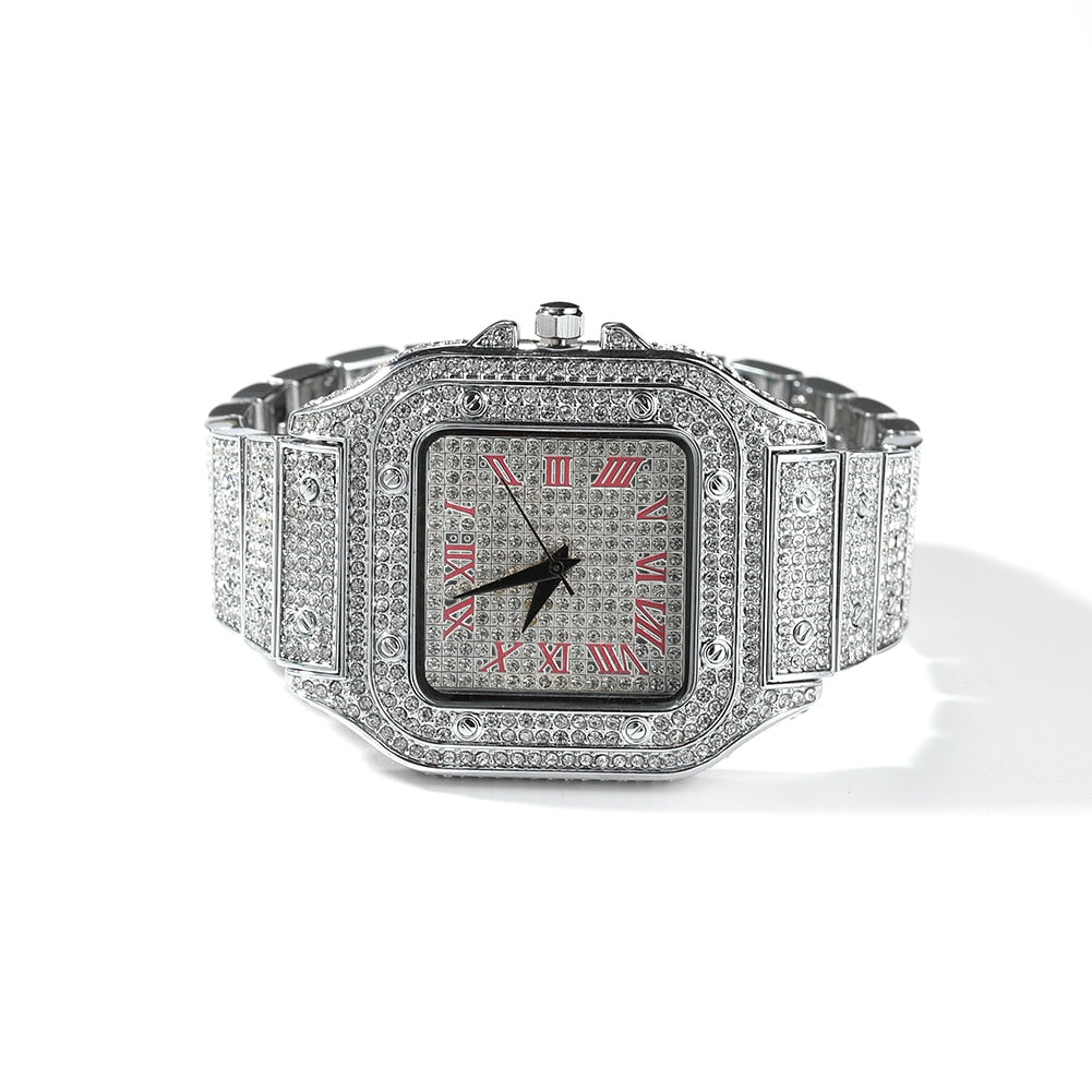 Peris Gems Silver Pink Square Diamond Drill Watch Unisex | Hip Hop Fully Iced Out Stainless Steel Square Diamond Drill Watch Unisex | Hip Hop Fully Iced SHEIN Amazon Temu