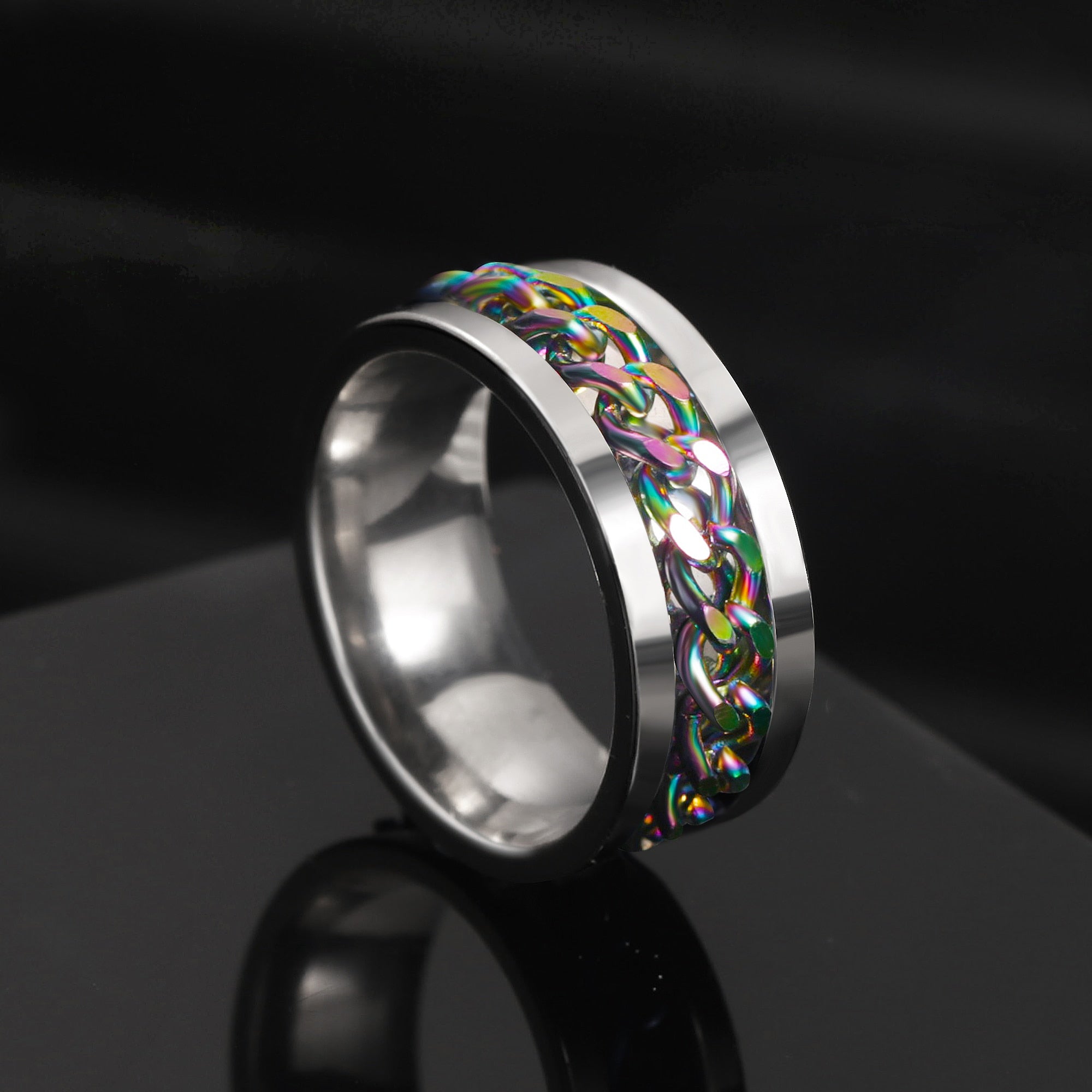 Peris Gems Silver & Rainbow / 6 Rotatable Steel Chain Rings | Spinner Punk Funk Rings SHEIN Amazon Temu