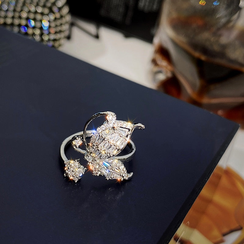 Peris Gems Silver / Resizable Inlaid Diamond Open Butterfly Rings for Women | Gold Butterfly Ring Inlaid Diamond Open Butterfly Rings for Women | Gold Ring SHEIN Amazon Temu