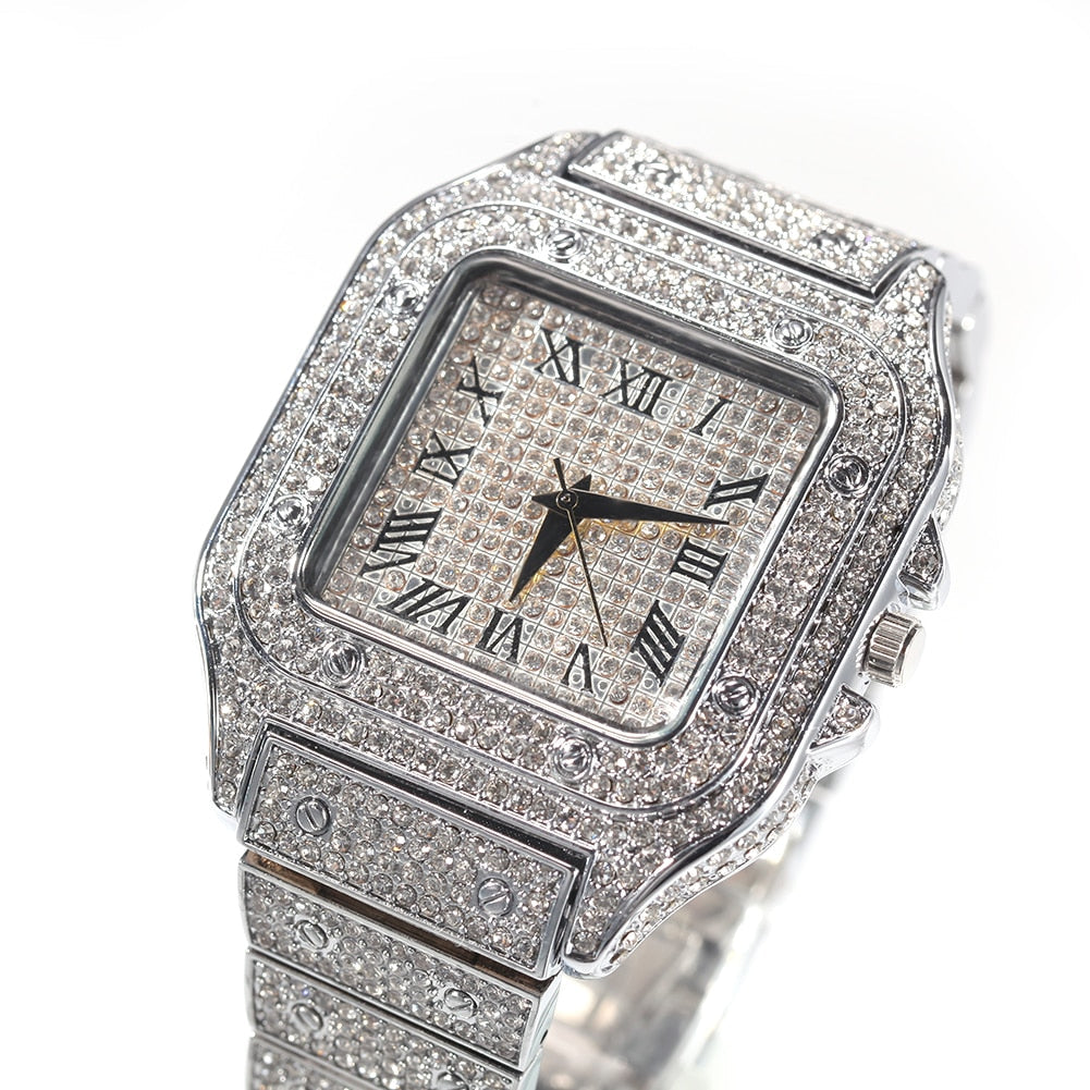Peris Gems Silver Square Diamond Drill Watch Unisex | Hip Hop Fully Iced Out Stainless Steel Square Diamond Drill Watch Unisex | Hip Hop Fully Iced SHEIN Amazon Temu